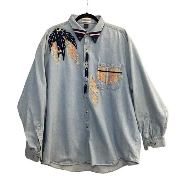 Scottsdale Images Appliqued Handpainted Denim Shirt Size XXL Blue Unique 32-8 - Picture 1 of 15